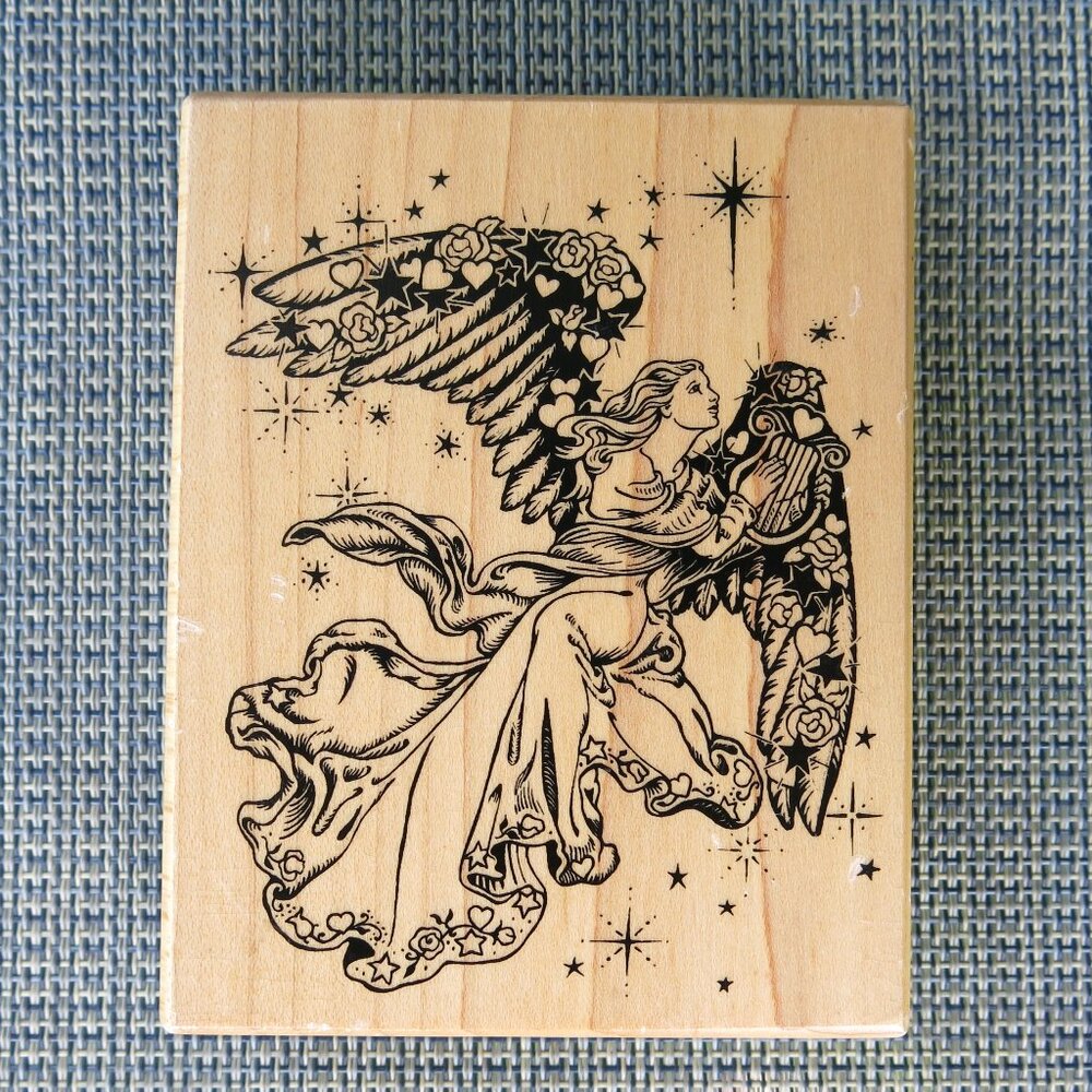Vintage 2001 PSX Angel Roses Hearts Stars Harp Christmas Wood Rubber Stamp NEW